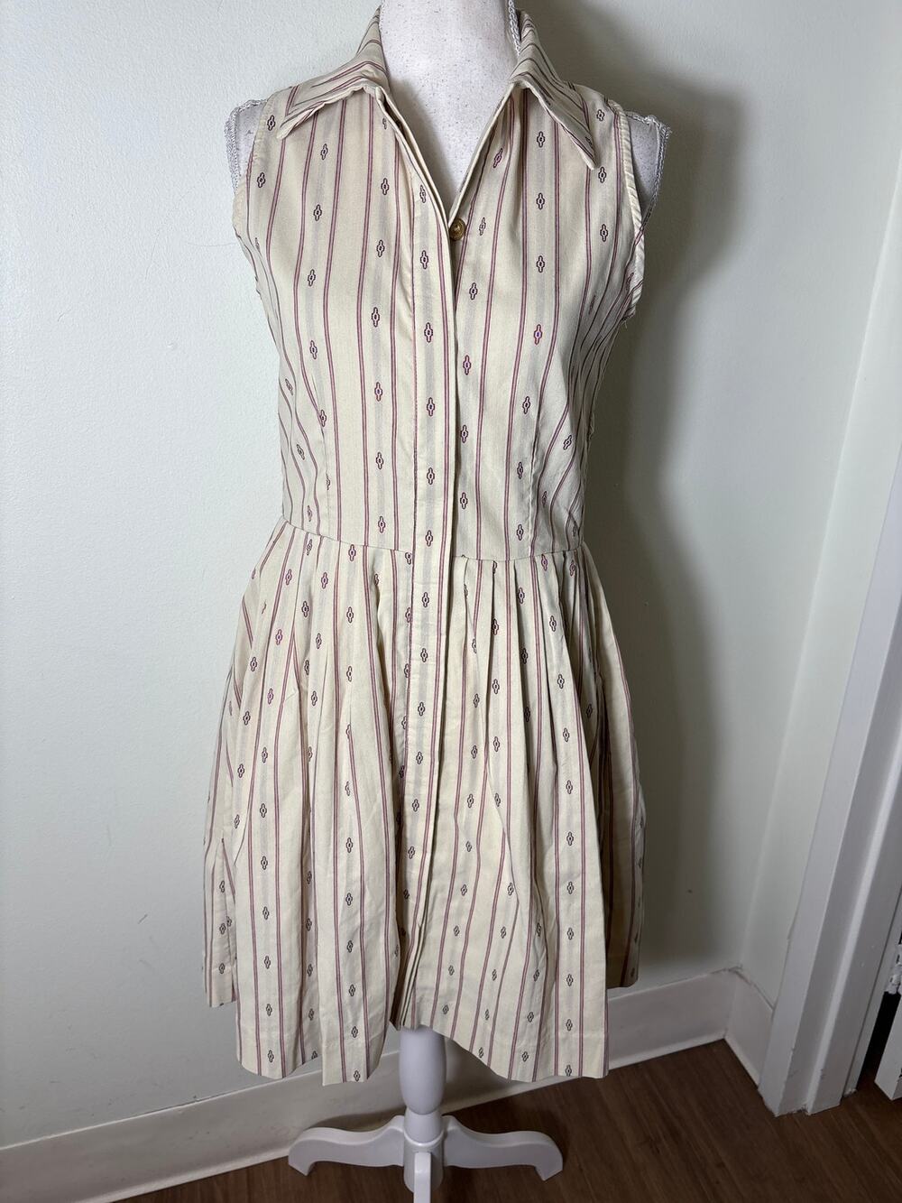 Buru Off White Crimson Sleeveless Cotton Knee Length Dress Sz S